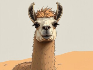 Illustration of a cute llama with a charming expression in a desert background