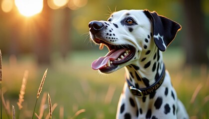 Joyful Dalmatian dog smiling in the golden glow of sunset