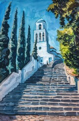 Watercolor depiction of a church on a hill
