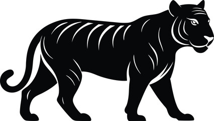 Obraz premium A black silhouette tiger walking silhouette, tiger walk silhouette, tiger silhouette vector illustration