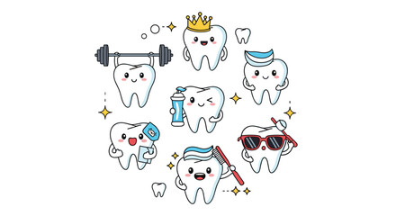 Collection of happy and healthy tooth characters illustrating dental hygiene practices and oral health awareness