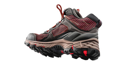 Isolated hiking shoe with red laces and a patterned sole on a plain dark surface
