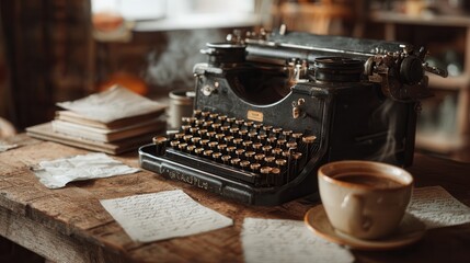 Vintage typewriter on a rustic table with coffee and crumpled papers in a cozy workspace during afternoon light
