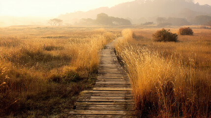 Obraz premium Serene sunrise pathway golden meadow landscape photography nature environment tranquil viewpoint scenic concept