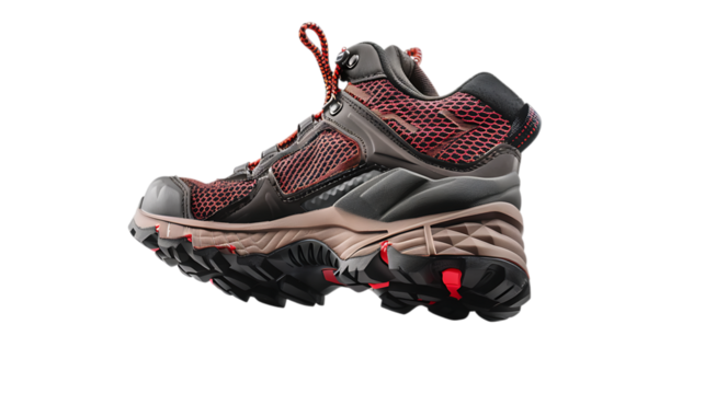 Isolated hiking shoe with red laces and a patterned sole on a plain dark surface