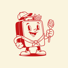 Retro Cartoon Lunchbox Character with Baseball Cap and Spoon Holding Food Mascot Vector
