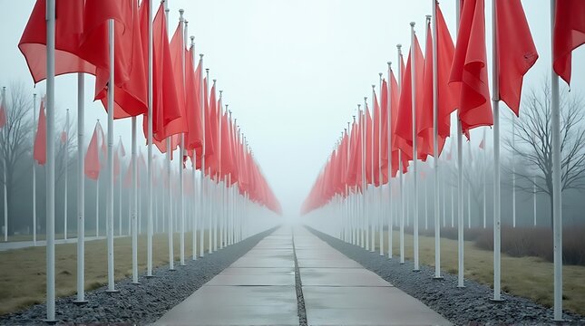Rows of red flags on poles stretch into the distance, creating a symmetrical and visually striking scene.