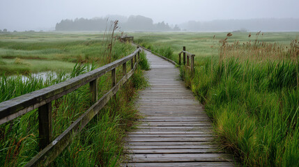 Obraz premium Nature walk along a wooden pathway in a misty marsh landscape tranquil environment scenic viewpoint