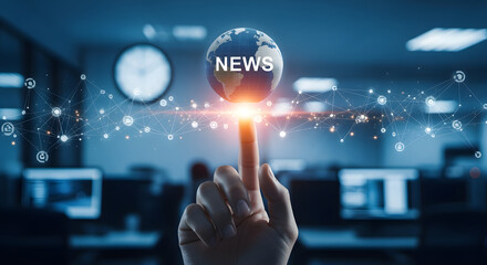 Digital News Network Globe with Connecting Lines in Modern Office