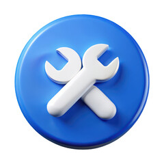 Blue circle with crossed white wrenches isolated on a transparent background tools
