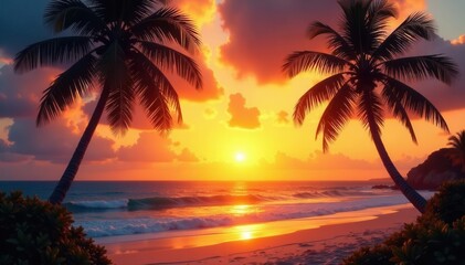 Golden sunset, palm trees silhouette, tropical beach , peaceful, shoreline, sky