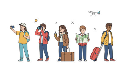 Diverse group of adventurous travelers exploring the world with cameras maps and luggage enjoying a memorable journey together