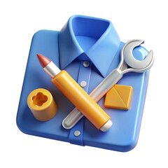 Blue shirt with tools and repair kit isolated on transparent background