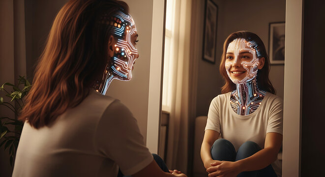 A woman with a transparent cyborg face revealing inner mechanics looks at her smiling reflection.