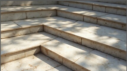 Obraz premium Angular outdoor stone steps illuminated by dappled sunlight, casting intricate shadows across the textured surfaces.