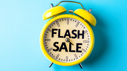 Yellow alarm clock with flash sale text on blue background. Limited offer, last time to buy on sale concept
