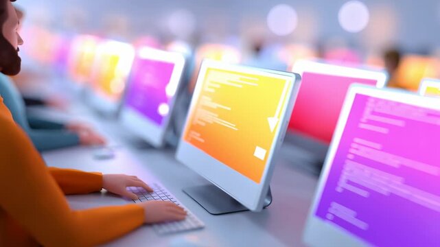 An IT development team collaborates at a modern workspace, focused on coding and software development using advanced computer systems.