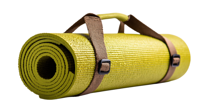 A single yoga mat with carrying strap, background for portability concept isolated on a Transparent background, PNG file.