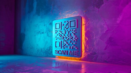 Neon qr code glowing on futuristic wall with scan message
