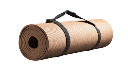A single yoga mat with carrying strap, background for portability concept isolated on a Transparent background, PNG file.