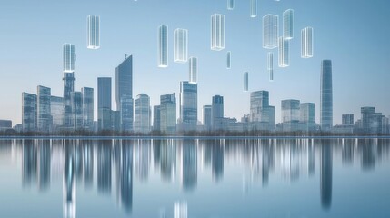 Fototapeta premium Modern City Skyline with Floating Digital Buildings