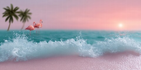 Pink flamingos standing in the ocean waves near palm trees, under the beautiful sunset light. A peaceful scene for the summer vacation