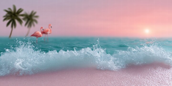Pink flamingos standing in the ocean waves near palm trees, under the beautiful sunset light. A peaceful scene for the summer vacation