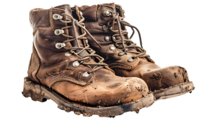 A pair of worn leather work boots covered in mud and dirt with laces tied together on a white surface