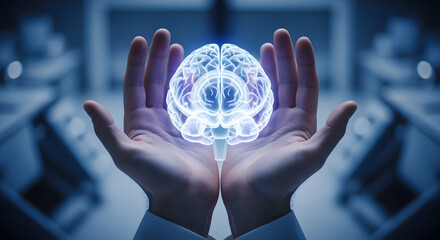 Futuristic Human Hands Holding Glowing Brain in Digital Environment