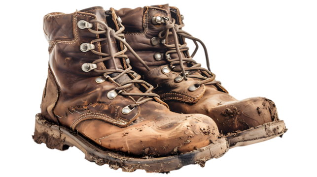 A pair of worn leather work boots covered in mud and dirt with laces tied together on a white surface