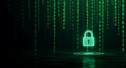 Cybersecurity and data protection concept with a glowing padlock on a digital binary code background. Online safety concept.