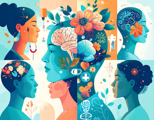 Artistic illustration of colorful human profiles with brains, flowers, and medical symbols integrated into vibrant head designs. Merging nature, psychology, and healthcare, the image radiates harmony