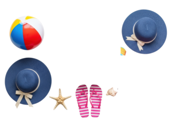 Vintage open light brown leather suitcase with summer essentials: golden pineapple, striped flip-flops, aviator sunglasses, sunscreen bottle. Arranged around: beach ball, straw hat, pink flamingo on