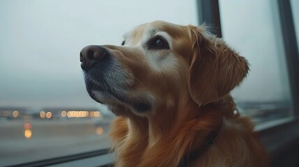 Golden retriever looking out a window.