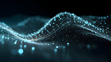 Abstract blue wave lines background with glowing particles for data stream visualization and technology network concept depicting a digital communication network and futuristic