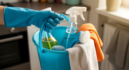 Cleaning Supplies in Blue Bucket with Spray Bottle and Sponges in Kitchen