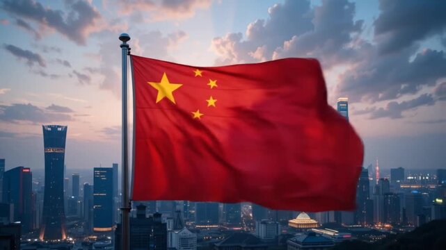 China flag with urban cityscape backdrop: A symbol of national pride