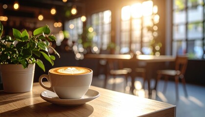 Latte Art in a Cafe with Sunlight and Plants