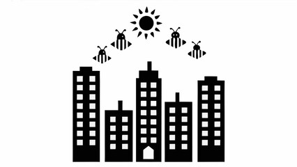 Black and white cityscape with buildings under a sun and bees flying in the sky above the buildings silhouette