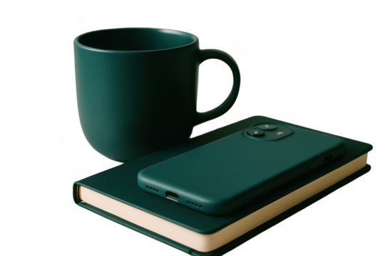 Dark teal mug, phone, and notebook arranged on a dark background.