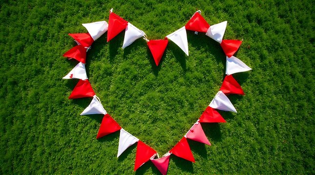 A heart-shaped garland of red and white bunting flags resting on a vibrant green grass lawn.