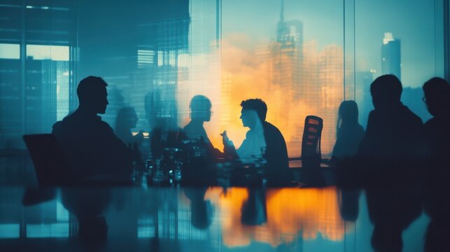 Corporate dynamics: Silhouette of a business meeting in an urban setting