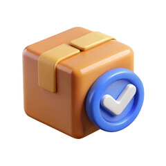 3d rendered brown shipping box with a blue checkmark icon isolated on transparent background