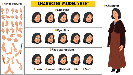 Cartoon vector Beautiful old woman full model sheet including eyes blink, lip sync, face expressions and hands gestures