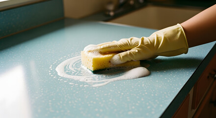 Person Wearing Yellow Rubber Glove Cleaning Green Counter with Sponge and Soap