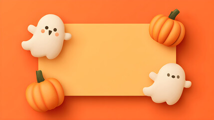 Fototapeta premium Cute ghost and pumpkin frame template with orange gradient background, modern Halloween design