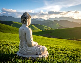 Buddha statue in a serene landscape