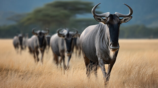 Wildebeest herd savanna grass wild animal migration Africa nature majestic walking in golden grassland