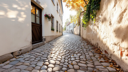 Autumn Cobblestone Street Scene