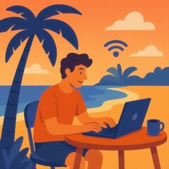 Remote Worker at Beachside Café with Ocean View 